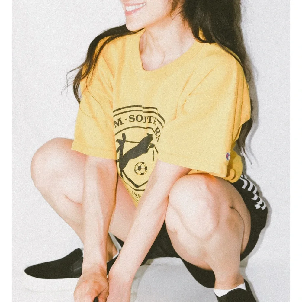 Vintage Champion Soccer Spell Out Yellow And Black Crop Top T-shirt Women’s L/XL - Picture 4 of 10